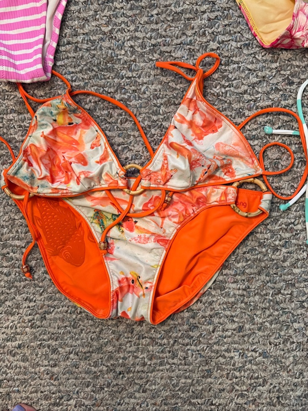 Orange Fish-Print Triangle Bikini Set with Ring Accents